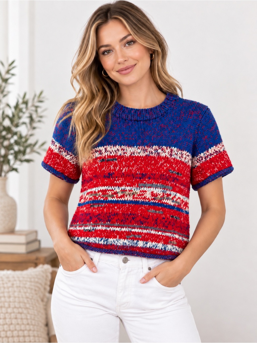 TORY BURCH RED WHITE & BLUE MOULIN COTTON STRIPED SWEATER SIZE XL WARM COZY